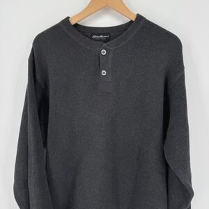 Eddie Bauer Mens Sweater Large Gray Henley Button Up Long Sleeve Knit Pockets